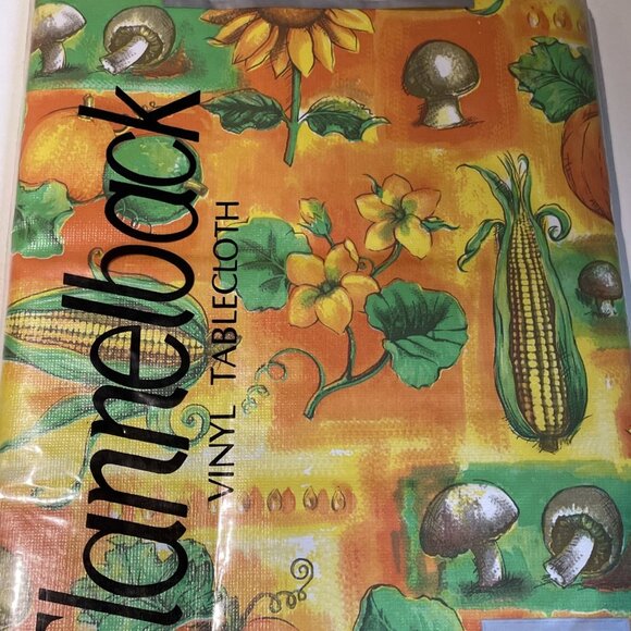 Vintage Fall Vinyl Tablecloth Flannel Backed 52x70" Oblong Mushrooms Pumpkin NOS - Picture 3 of 5